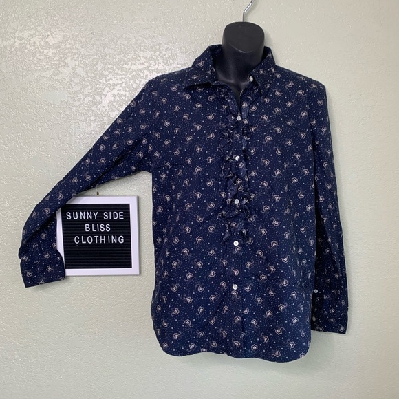 Champs Denim Women’s Ruffled Button Down Paisley Print Work Blouse Size Large - Picture 1 of 9